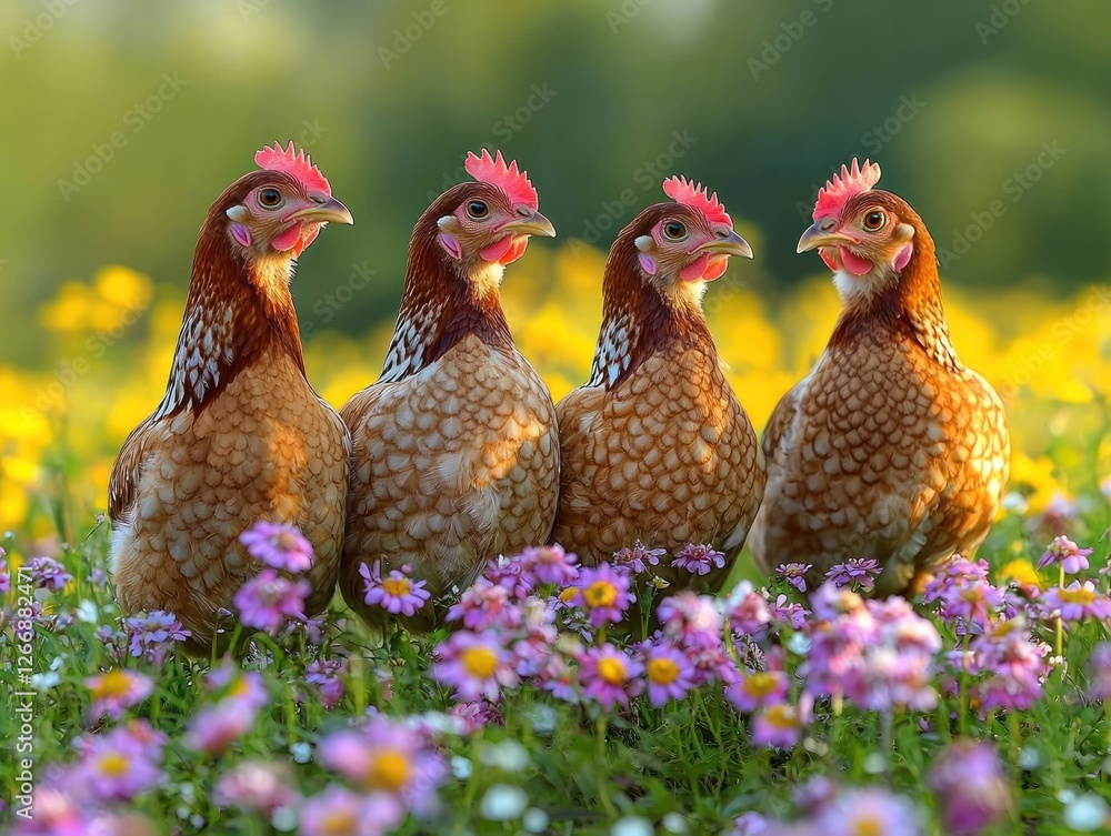 Fototapeta premium Four hens in a flower field, enjoying the summer sun