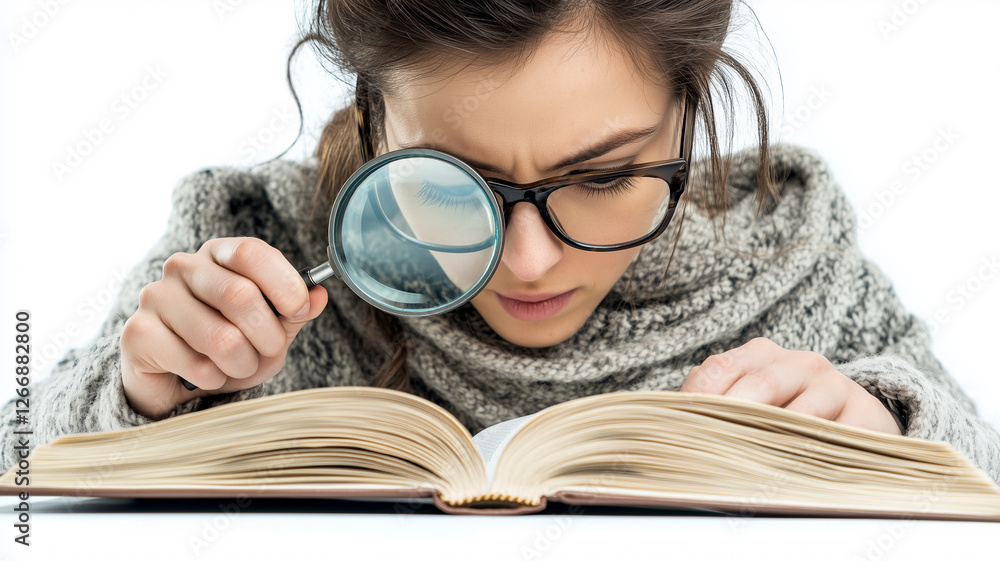 A focused study scene of a person using a magnifying glass on a book with clear details and textures. A focused study scene of a person using a magnifying glass on a book with clear details and textures.