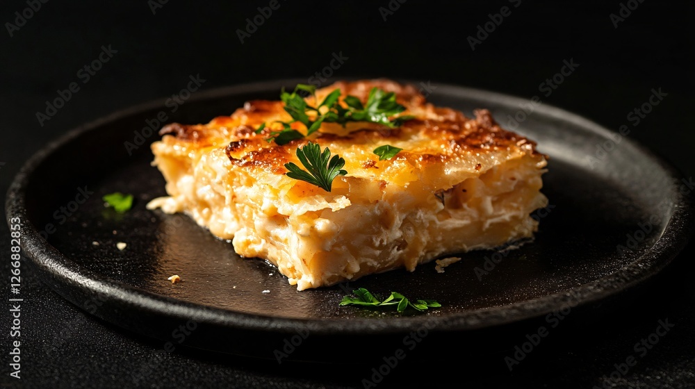 A single serving of hash brown casserole on a dark slate plate, garnished with fresh parsley, against a solid black background for contrast A single serving of hash brown casserole on a dark slate plate, garnished with fresh parsley, against a solid black background for contrast