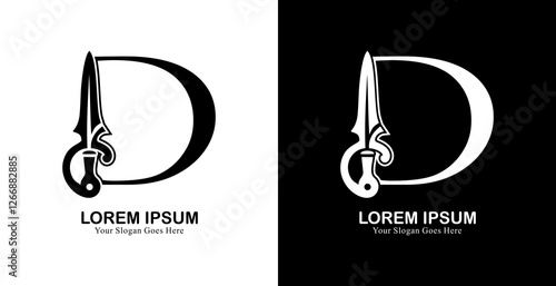 sword-shaped logo design combined with the letter D