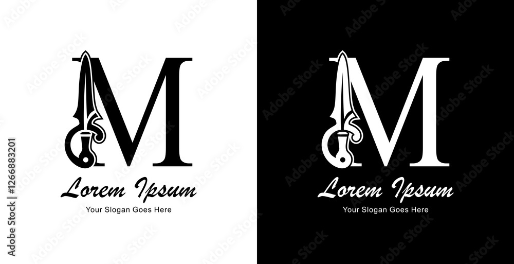sword-shaped logo design combined with the letter M sword-shaped logo design combined with the letter M