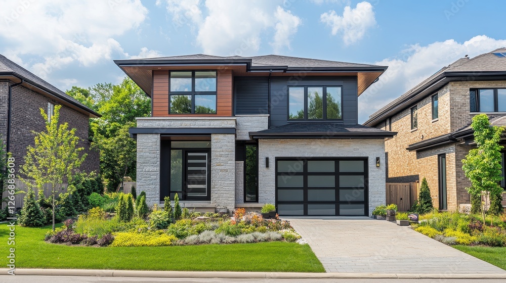 Modern House with Sleek Design and Lush Landscaping in Suburbia Modern House with Sleek Design and Lush Landscaping in Suburbia