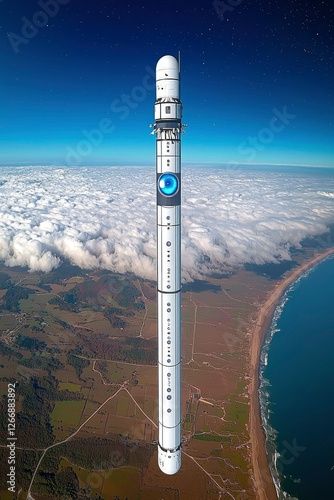 Space Elevator Concept Futuristic Tower Reaching for the Stars Above Coastal Landscape photo