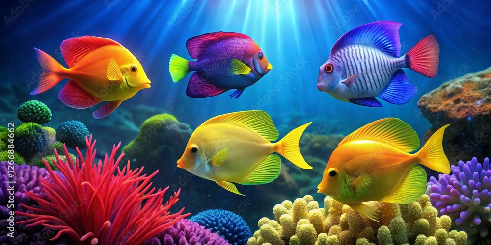 Vibrant Reef Inhabitants A Colorful Underwater Scene Featuring Five Exquisite Fish Species Swimming Amongst Lush Coral and Anemones Vibrant Reef Inhabitants A Colorful Underwater Scene Featuring Five Exquisite Fish Species Swimming Amongst Lush Coral and Anemones