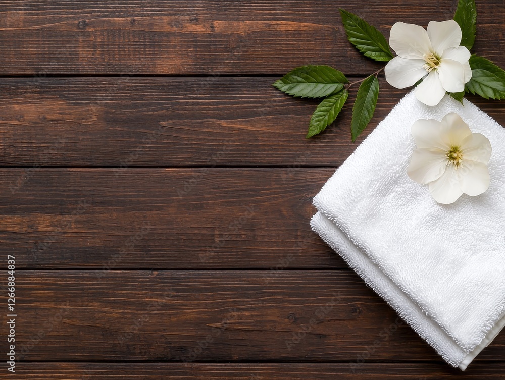 White Towels and Jasmine Flowers on a Wooden Table for a Spa Setting Creating a Peaceful and Relaxing Atmosphere White Towels and Jasmine Flowers on a Wooden Table for a Spa Setting Creating a Peaceful and Relaxing Atmosphere