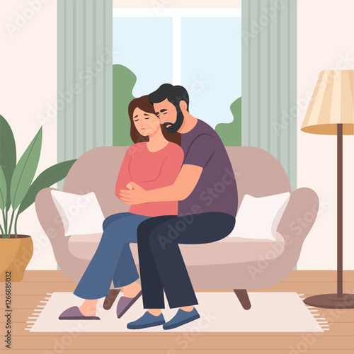 Worried man comforting a sad woman.Help and support concept. Friendly family relationship.Vector illustration