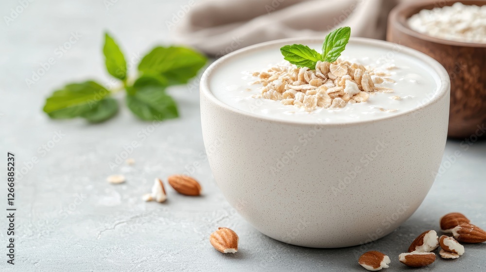 Creamy oat yogurt breakfast bowl with almonds Creamy oat yogurt breakfast bowl with almonds
