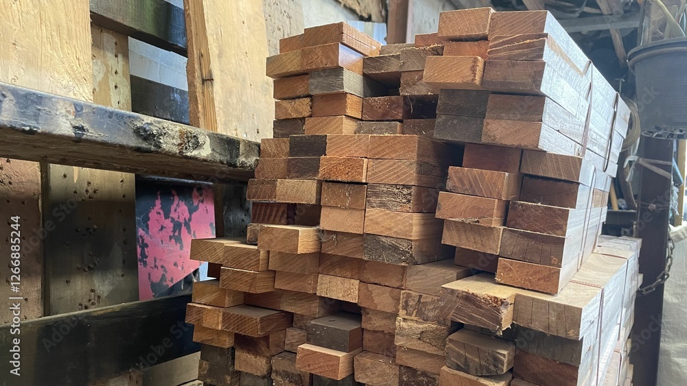A stack of wooden planks arranged neatly, showcasing various shades of brown, placed in a workshop or storage area.