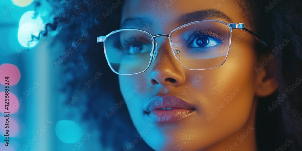 Close-up portrait of a woman with curly hair wearing stylish glasses in vibrant lighting Close-up portrait of a woman with curly hair wearing stylish glasses in vibrant lighting
