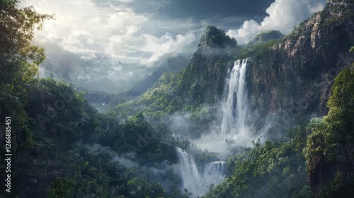 Lush Waterfall in Tropical Valley, Misty Mountains, Nature Background, Travel Poster