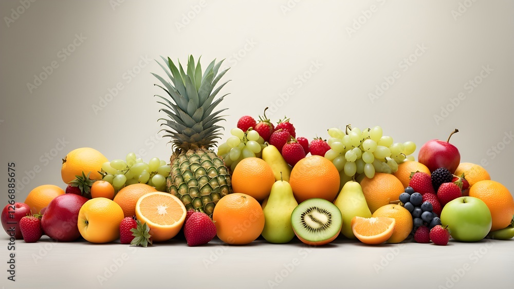 Vibrant assortment of fresh fruits including pineapple, oranges, strawberries, grapes, pears, kiwi, apples, and berries, arranged on a light gray surface against a neutral background. Vibrant assortment of fresh fruits including pineapple, oranges, strawberries, grapes, pears, kiwi, apples, and berries, arranged on a light gray surface against a neutral background.