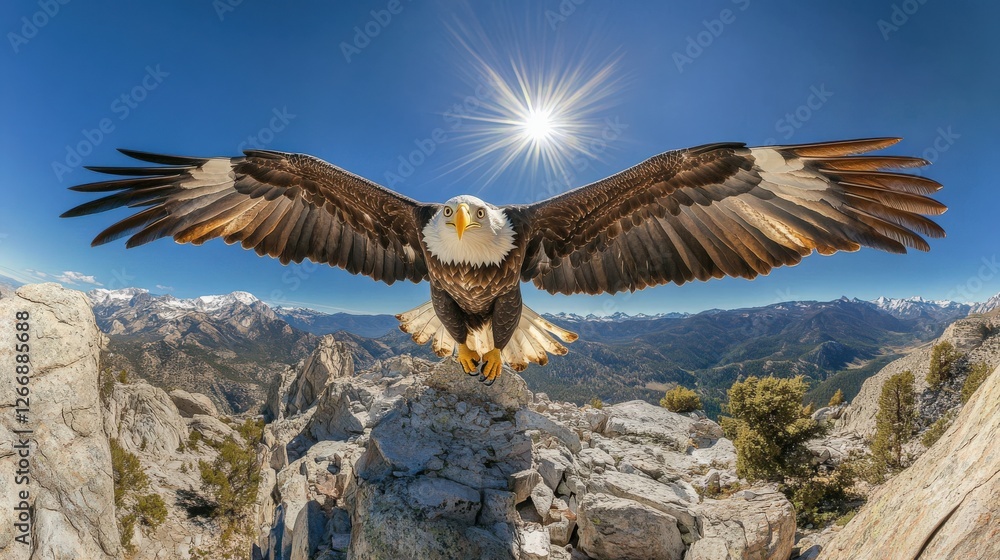 Obraz premium Majestic eagle soaring above rocky mountains under a bright sun, showcasing nature's beauty