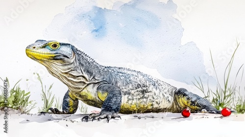 Gray and Yellow Komodo Dragon Watercolor Painting With Red Berries