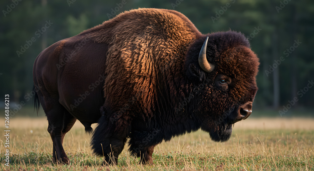 Bison Standing in Grassy Field with Trees in Background during Daytime Bison Standing in Grassy Field with Trees in Background during Daytime