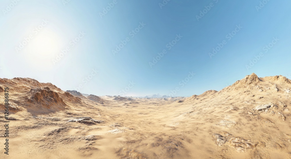 panoramic view of the desert dunes, with undulating sand that glows under the sunlight, creating an atmosphere reminiscent of oriental paintings. panoramic view of the desert dunes, with undulating sand that glows under the sunlight, creating an atmosphere reminiscent of oriental paintings.