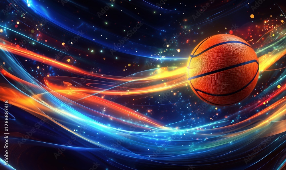 Dynamic basketball in motion with vibrant light trails and cosmic background Dynamic basketball in motion with vibrant light trails and cosmic background