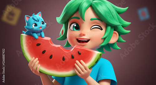 Cartoon Boy Winking with Watermelon and Blue Cat Character Illustration