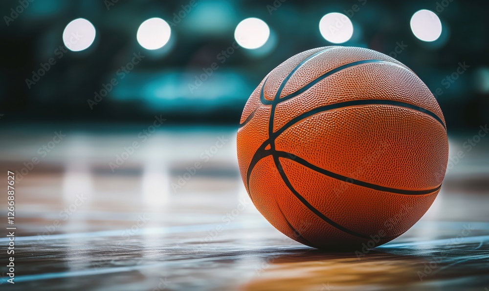 Basketball on court with blurred background and bright lights illuminating scene Basketball on court with blurred background and bright lights illuminating scene
