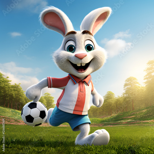 happy cartoon rabbit playing football on field. easter bunny in sport suit running on grass. generative ai image