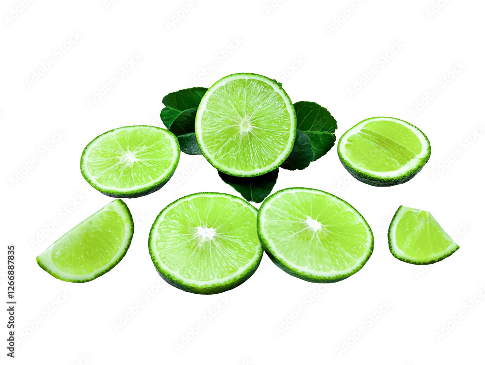 Slice of green lime fruit with green leaf isolated on white background. Slice of green lime fruit with green leaf isolated on white background.
