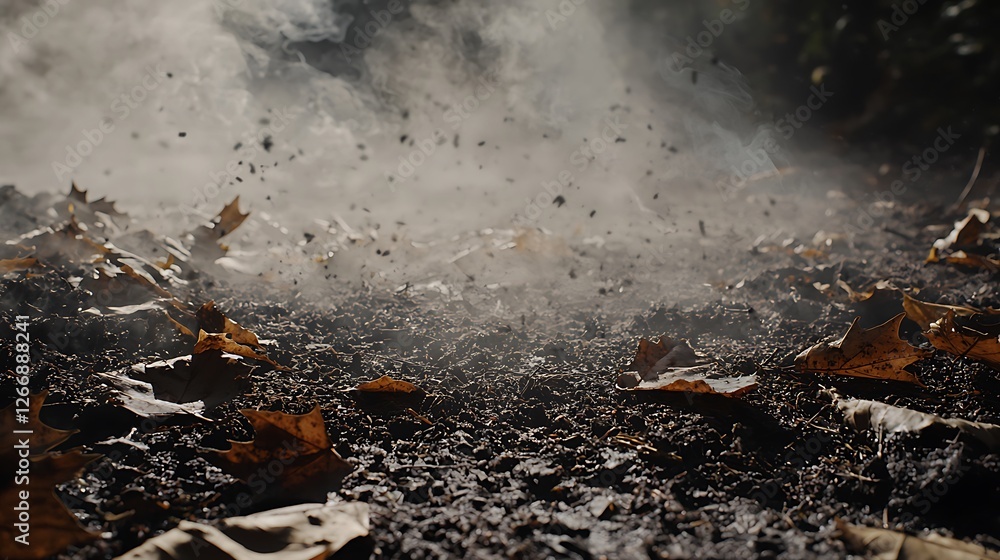 A pile of leaves and dirt with smoke in the background A pile of leaves and dirt with smoke in the background