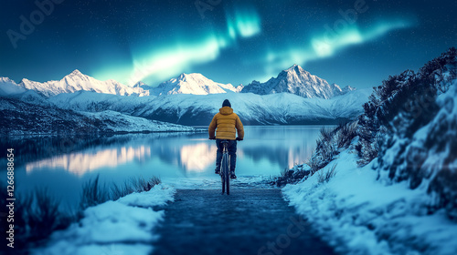 Wallpaper Mural A man riding a bicycle with Northern lights aurora borealis green and blue with snow mountains at night, In Scandinavia Country Winter Season, North pole, Northern Europe, Landscape  Torontodigital.ca