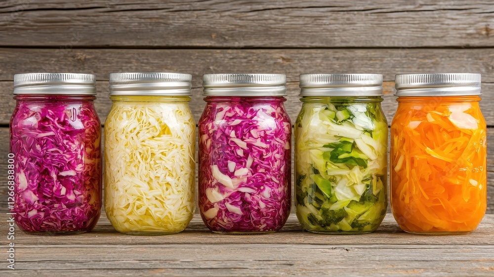 Colorful Variety of Sauerkraut and Fermented Vegetables in Glass Jars on Wooden Background