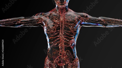 Lymphatic system with lymph vessels and nodes Anatomy, Medical Concept of Circulation of lymphatic fluid, lymphoid system on black background, pathology reference, 3d render