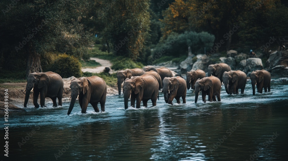 Obraz premium A Majestic Herd of Elephants Crossing a River in a Lush Green Landscape