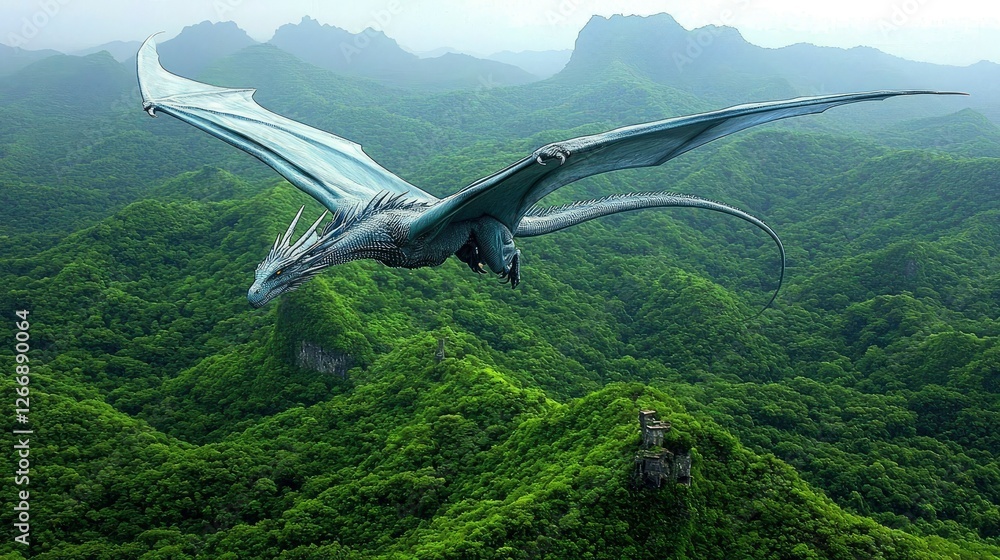 Majestic Dragon Soaring Over Lush Green Mountains Majestic Dragon Soaring Over Lush Green Mountains