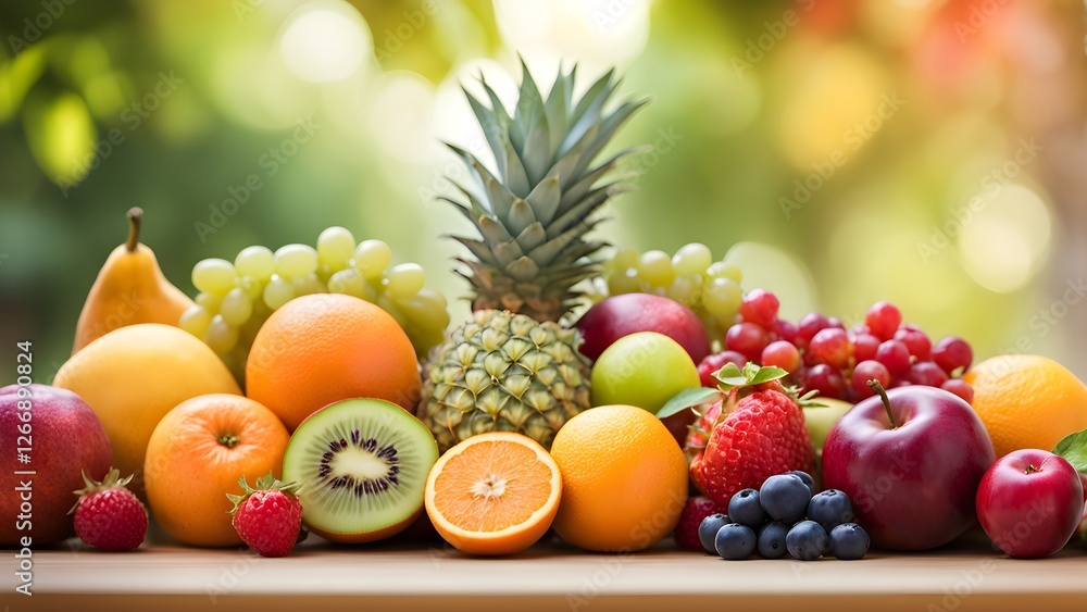 Vibrant assortment of fresh fruits including pineapple, oranges, kiwi, apples, berries, and grapes, displayed against a blurred green background. Vibrant assortment of fresh fruits including pineapple, oranges, kiwi, apples, berries, and grapes, displayed against a blurred green background.