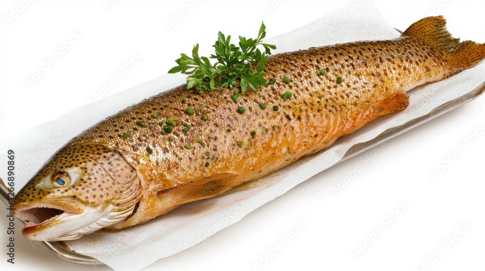 Freshly Cooked Rainbow Trout Garnished with Herbs on a Serving Plate Freshly Cooked Rainbow Trout Garnished with Herbs on a Serving Plate