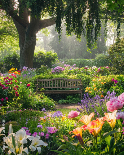 Fototapeta Naklejka Na Ścianę i Meble -  A Serene Garden Oasis Filled with Springtime Blooms