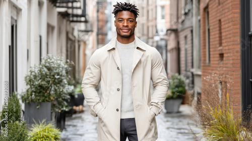 Wallpaper Mural stylish man in modern trench coat poses confidently in urban alleyway Torontodigital.ca