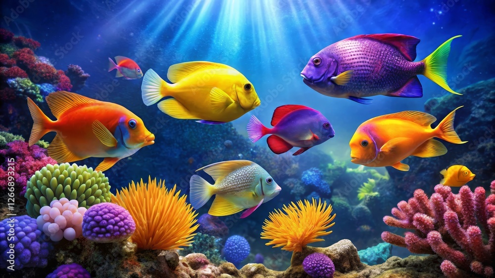Vibrant Reef Inhabitants A Colorful Underwater Scene Featuring Diverse Tropical Fish and Lush Coral Formations Vibrant Reef Inhabitants A Colorful Underwater Scene Featuring Diverse Tropical Fish and Lush Coral Formations