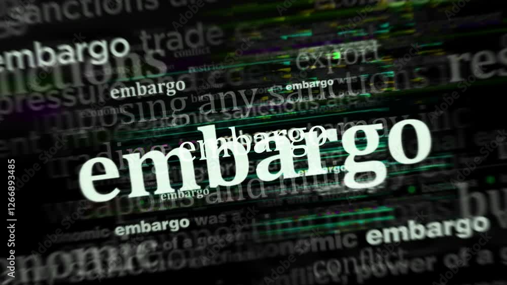 Embargo economy and business trade sanctions headline news across international media. Concept of news titles on noise displays loop. TV glitch effect seamless and looped. Embargo economy and business trade sanctions headline news across international media. Concept of news titles on noise displays loop. TV glitch effect seamless and looped.
