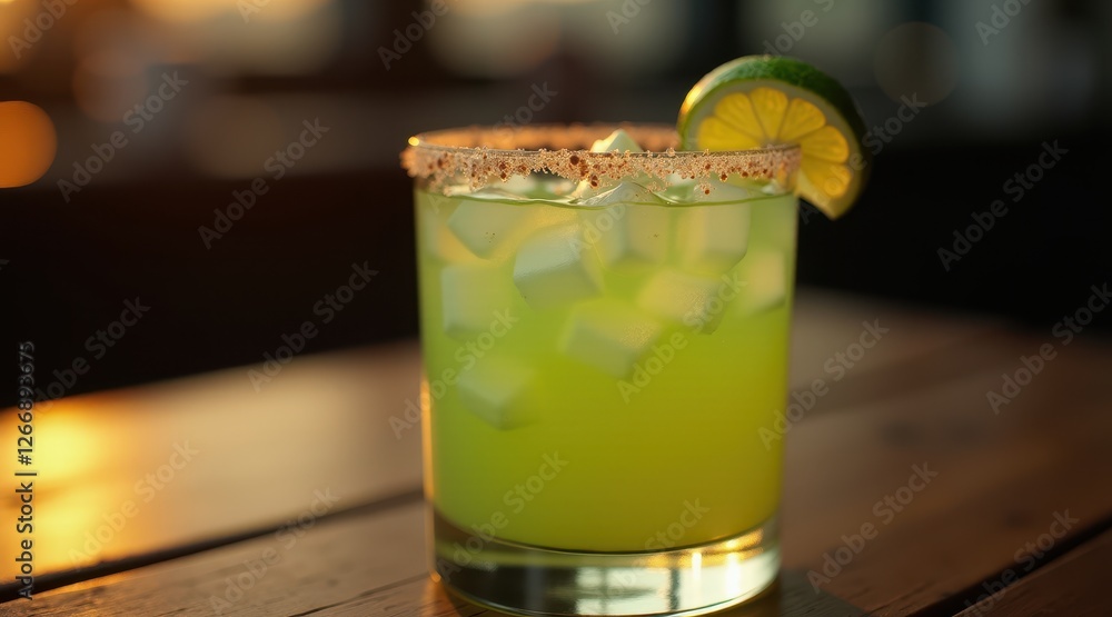 A bright green margarita with a salted rim and fresh lime slice, aglow in the golden sunset, capturing the perfect summer evening vibe. A bright green margarita with a salted rim and fresh lime slice, aglow in the golden sunset, capturing the perfect summer evening vibe.