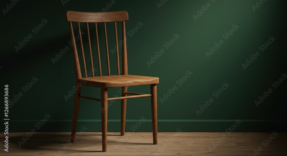 Ein Holzstuhl vor einer dunkelgrünen Wand, der minimalistisches Design und warme Beleuchtung zur Schau stellt Ein Holzstuhl vor einer dunkelgrünen Wand, der minimalistisches Design und warme Beleuchtung zur Schau stellt