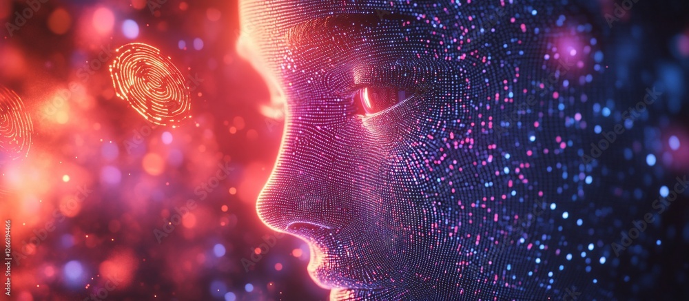 A futuristic digital portrait of a woman surrounded by glowing particles and cosmic elements A futuristic digital portrait of a woman surrounded by glowing particles and cosmic elements