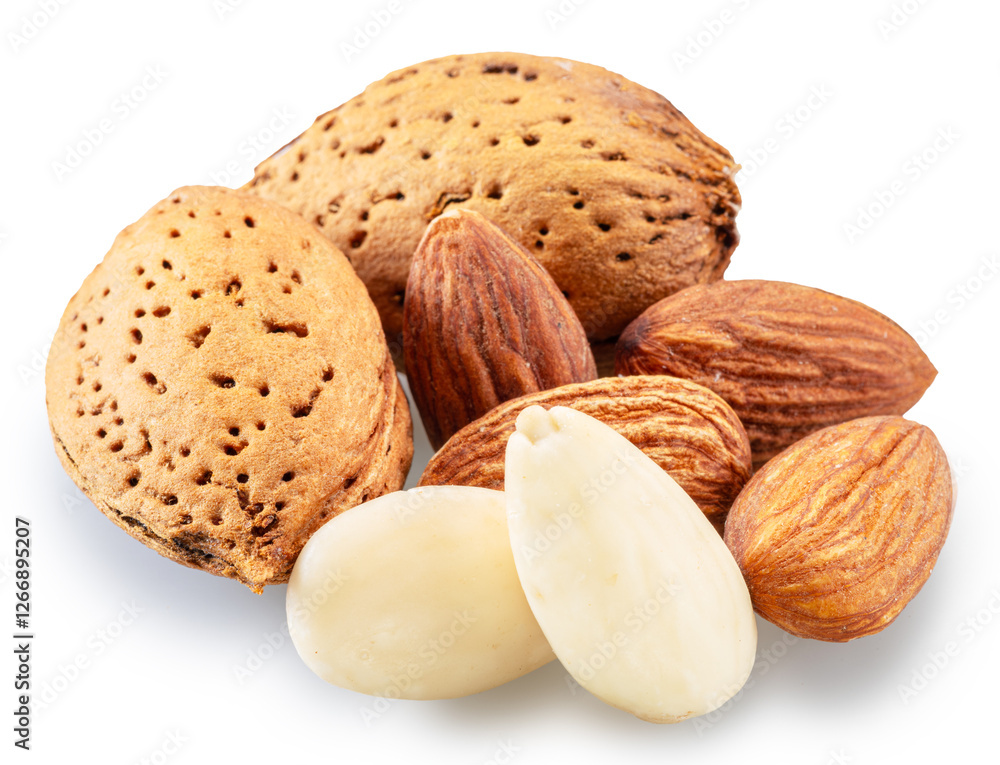 Pile of different almond nuts isolated on white background. File contains clipping path. Pile of different almond nuts isolated on white background. File contains clipping path.