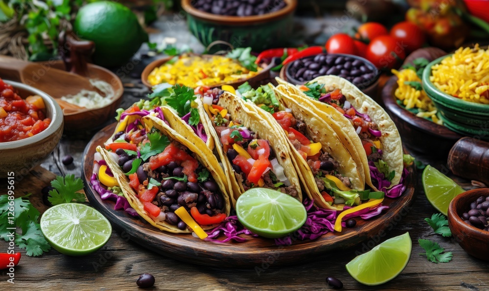 Fototapeta premium Delicious vegetarian tacos with black beans, fresh vegetables, and vibrant toppings