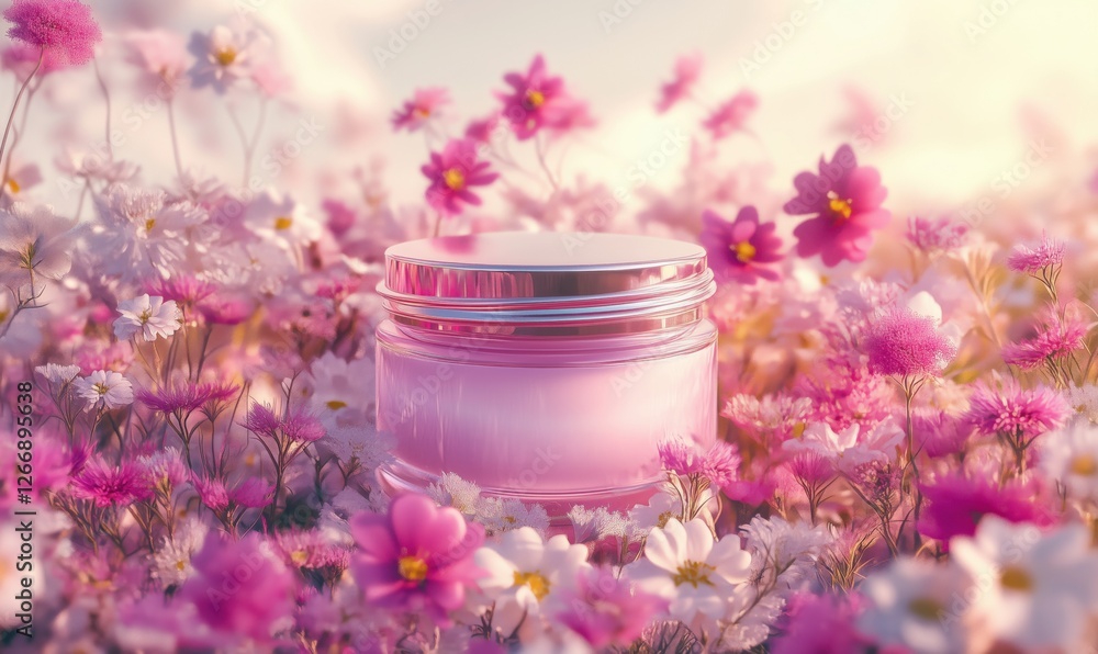Cosmetic cream jar surrounded by vibrant pink and white flowers in soft sunlight Cosmetic cream jar surrounded by vibrant pink and white flowers in soft sunlight