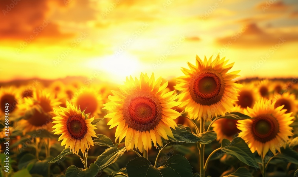Obraz premium Vibrant sunflower field at sunset with golden hues and bright blooms