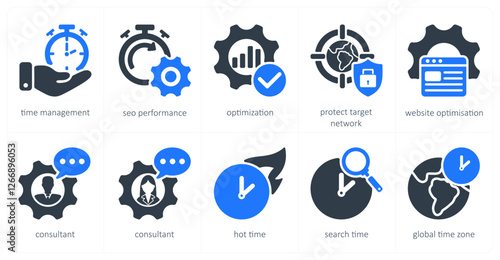 A set of 5 seo icons as time management, seo performance, optimization