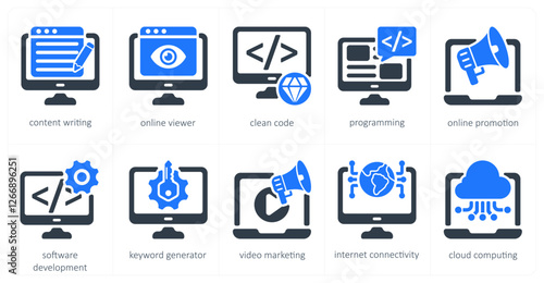 A set of 5 seo icons as content writing, online viewer, clean code