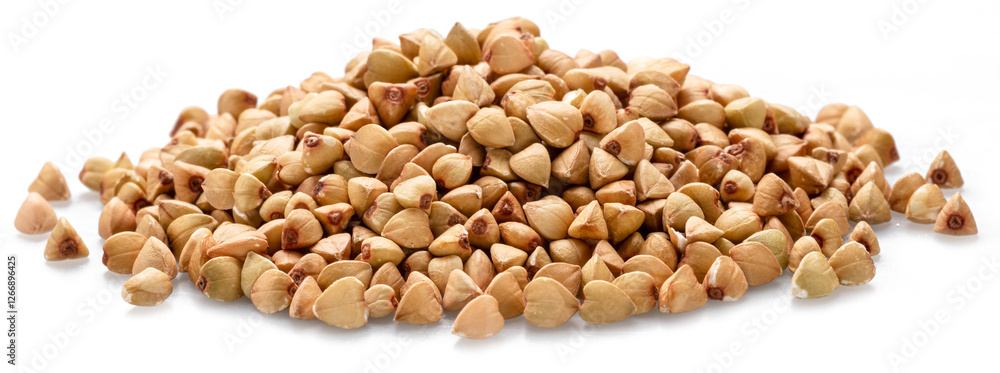 Hulled kernels of buckwheat cereal isolated on white background. Hulled kernels of buckwheat cereal isolated on white background.