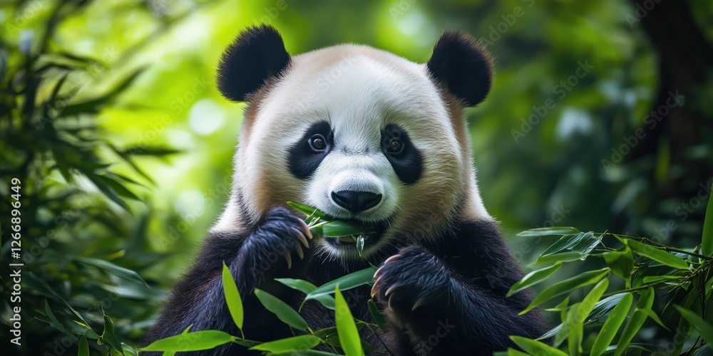 Obraz premium Giant panda eating bamboo in lush green forest habitat