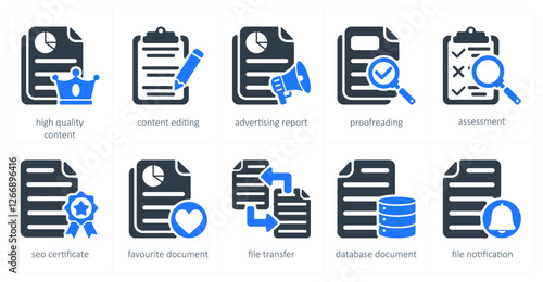 A set of 5 seo icons as high quality content, content editing, advertising report