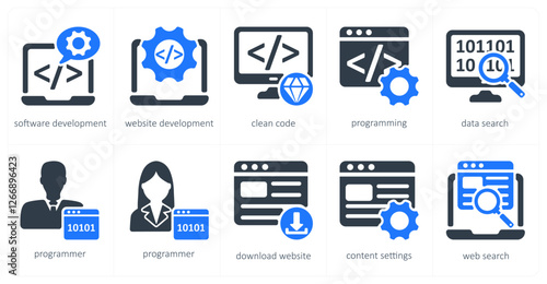 A set of 5 seo icons as software development, website development, clean code