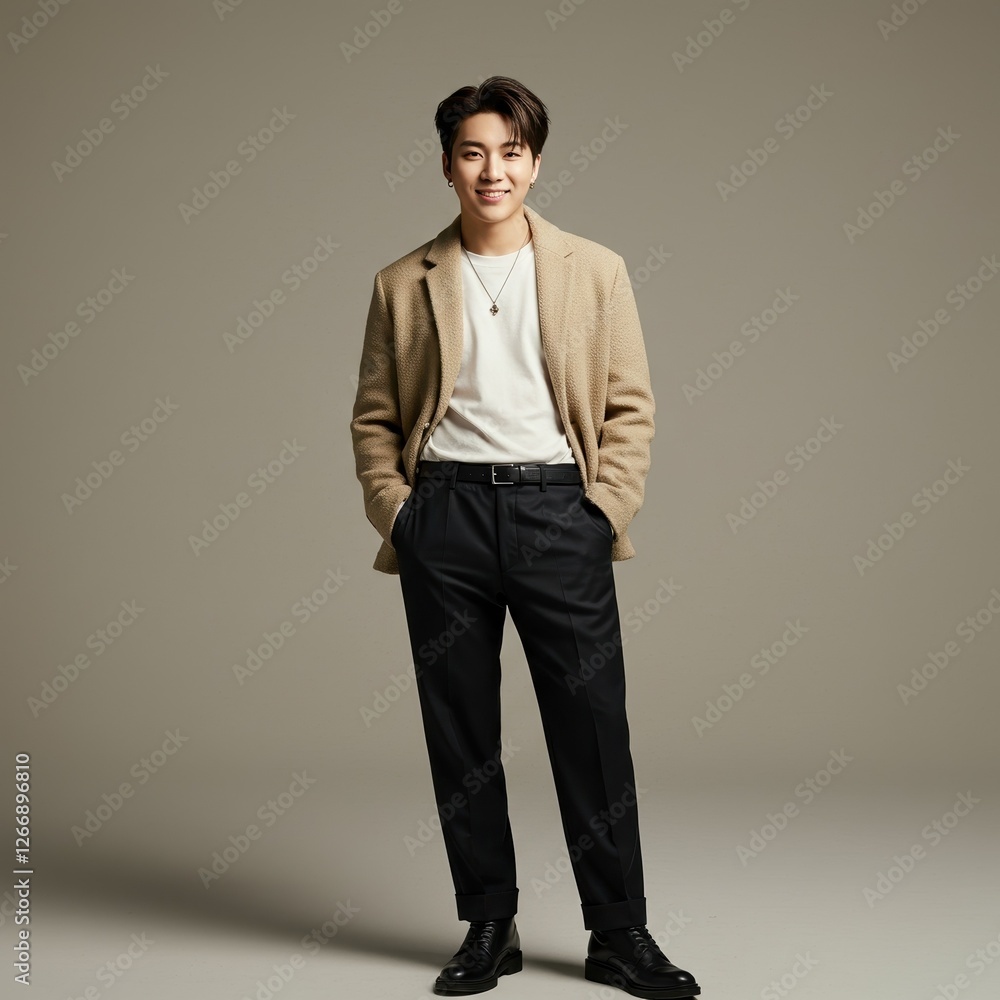 Stylish Young Man Posing Confidently in Casual Elegant Outfit for Fashion Lookbook Stylish Young Man Posing Confidently in Casual Elegant Outfit for Fashion Lookbook